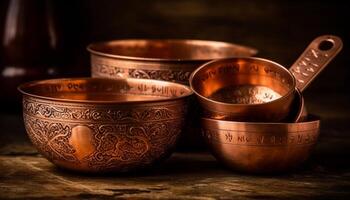 Rustic terracotta bowl with intricate indigenous pattern, empty on table generated by AI photo