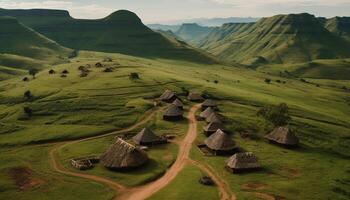 Green meadow hut on mountain range, an idyllic rural scene generated by AI photo