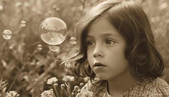 Cute Caucasian girl blowing small bubbles in black and white generated by AI photo