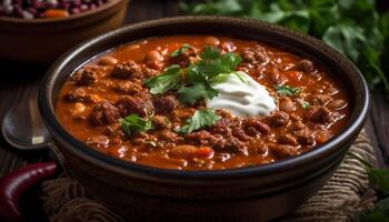 Homemade beef stew with fresh vegetables and rustic bread appetizer generated by AI photo