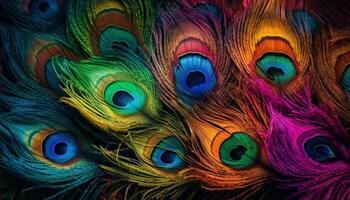 Vibrant peacock feathers showcase iridescent beauty in nature abstract design generated by AI photo