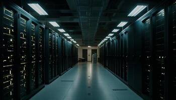 Futuristic computer equipment in a row inside a dim storage room generated by AI photo