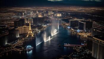 iluminado ciudad horizonte a oscuridad, moderno arquitectura y frente al mar reflexión generado por ai foto