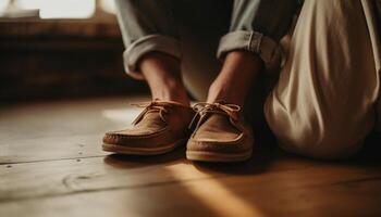 atadura cordones de los zapatos, un par de Deportes Zapatos en madera dura piso generado por ai foto