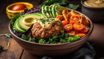 Fresh gourmet salad with grilled beef, organic vegetables and herbs generated by AI photo