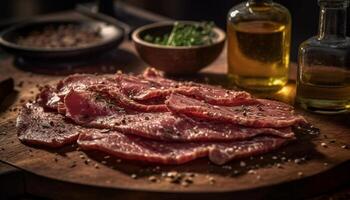 A la parrilla carne de vaca filete con hierba especia, Listo a comer en corte tablero generado por ai foto