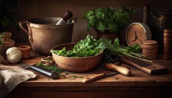 Fresco orgánico hierbas y vegetales para sano Cocinando y comiendo generado por ai foto