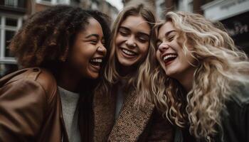 sonriente joven adultos disfrutar amistad y unión al aire libre generado por ai foto