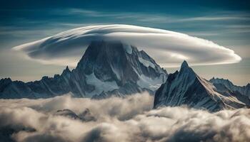 tranquilo escena de majestuoso montaña rango con dramático cielo generado por ai foto