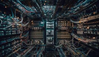 futurista computadora laboratorio con técnicos reparando complejo eléctrico equipo generado por ai foto