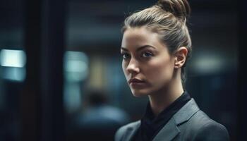 Confident businesswoman in casual clothing standing in modern office generated by AI photo