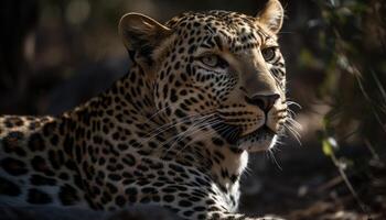 Majestic tiger staring, focus on striped fur and piercing eyes generated by AI photo