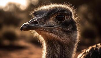 Endangered ostrich stares at camera, showcasing its unique feathered neck generated by AI photo