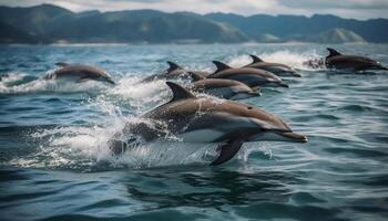 Playful bottle nosed dolphin jumping in the blue sea waves generated by AI photo