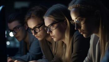 joven adultos trabajando juntos, enfoque en tecnología en oficina ambiente generado por ai foto