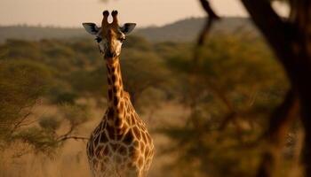 Giraffe standing tall, looking at camera in African savannah generated by AI photo