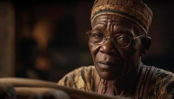 Serene African craftsperson smiling, looking at camera in workshop generated by AI photo