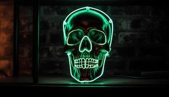 Spooky Halloween night, evil men smile with glowing skulls generated by AI photo