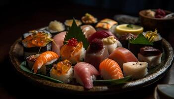 Fresh seafood meal sashimi, nigiri, maki sushi, prawn, tuna, avocado generated by AI photo