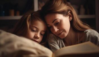 Mother and daughter bonding over book in cozy living room generated by AI photo
