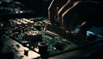 Nightclub technician skillfully repairing computer equipment for performance stage generated by AI photo