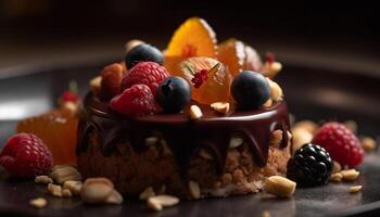 Freshly baked chocolate berry pie on wooden table decoration generated by AI photo