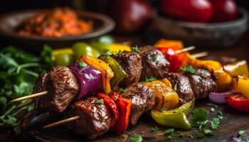 A la parrilla carne brocheta con tomate, cebolla, y campana pimienta aperitivo generado por ai foto