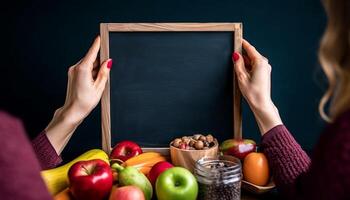 joven mujer participación Fresco orgánico manzana, sonriente en salón de clases antecedentes generado por ai foto