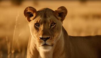 Majestic lioness walking in the savannah, staring with alertness generated by AI photo