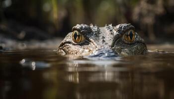 Crocodile green eye and teeth show danger in the wild generated by AI photo