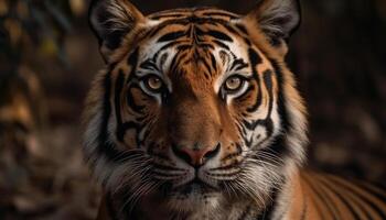 Bengala Tigre curioso, majestuoso belleza en naturaleza fauna silvestre reserva generado por ai foto