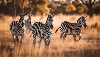 Small group of striped mammals grazing in African wilderness reserve generated by AI photo