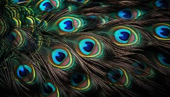 Majestic peacock displays iridescent beauty in vibrant turquoise and blue generated by AI photo