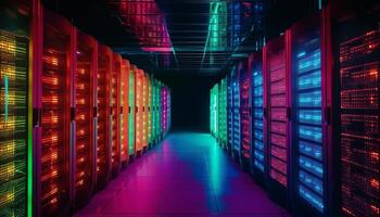 Futuristic computer network glows blue in a dark warehouse space generated by AI photo