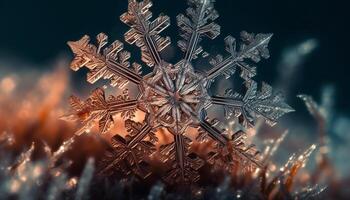 Frosty snowflake pattern glows on window, illuminating winter celebration generated by AI photo
