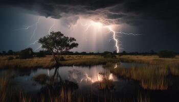 electricidad crujidos mediante el oscuro, Tormentoso rural paisaje a oscuridad generado por ai foto