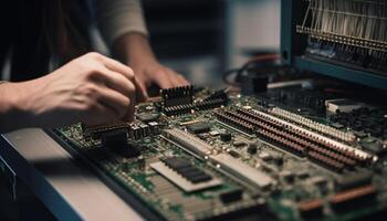 Technician soldering computer chip on motherboard with selective focus generated by AI photo