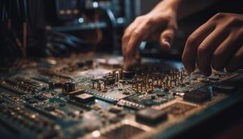 Expert technician repairs complex circuit board with precision and skill generated by AI photo