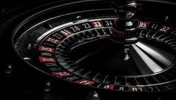 Roulette wheel spinning, chance for wealth or loss in casino generated by AI photo