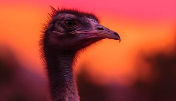 Animal head, beak, feather, and eye portrait of ostrich generated by AI photo