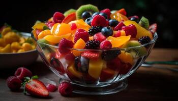 vistoso Fruta ensalada cuenco con sano bayas y dulce yogur generado por ai foto