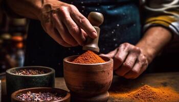 Craftsperson making homemade pottery using work tools indoors in workshop generated by AI photo