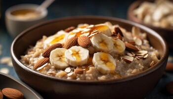 Fresh fruit bowl with granola, almond, and honey yogurt parfait generated by AI photo