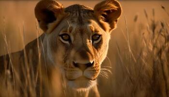 Majestic lioness walking in the savannah, staring into the sunset generated by AI photo