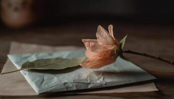 rústico elegancia estropeado papel, antiguo pasado de moda flor, y de madera mesa generado por ai foto