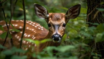 Cute deer looking at camera in green forest meadow portrait generated by AI photo