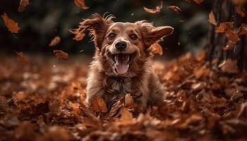 Joyful spaniel running in autumn forest, beauty in nature generated by AI photo