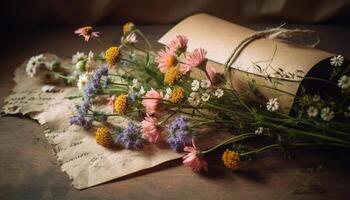 Fresh yellow wildflowers in antique vase, rustic summer romance arrangement generated by AI photo