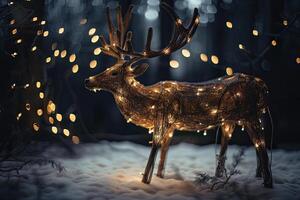 Christmas and New Year holidays background with deer, bokeh lights and snow, A magic festive reindeer covered in glowing lights, photo