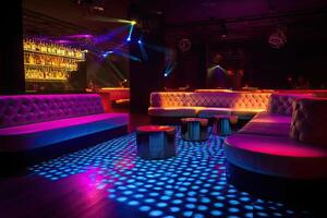 colorful interior of bright and beautiful night club with dark seats and glowing lights, A decorated night club with stylish couches and colorful cocktail tables, AI Generated photo